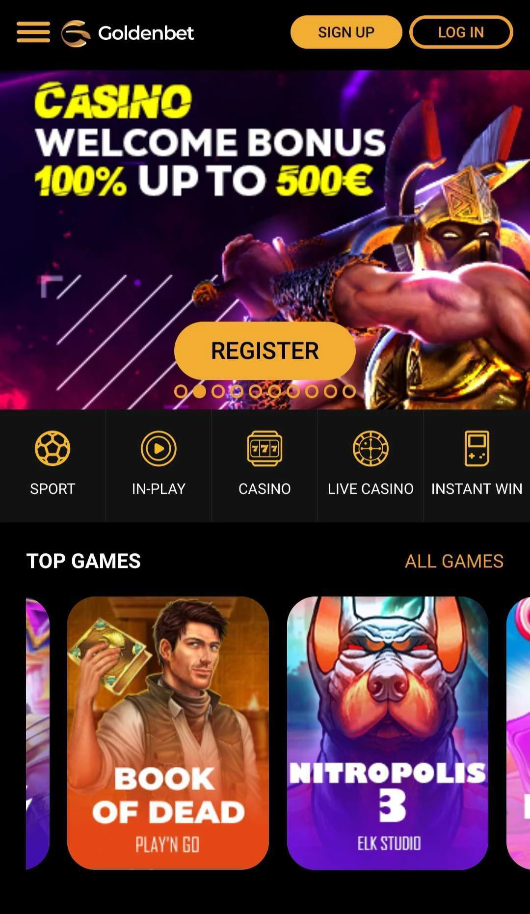 Mobile view of the Goldenbet casino website showing game lobby
